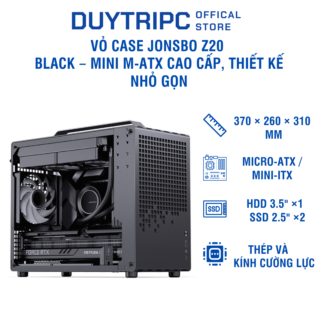 Vỏ Case JONSBO Z20 Black – Mini M-ATX cao cấp, thiết kế nhỏ gọn, khung kim loại chắc chắn, tối ưu airflow